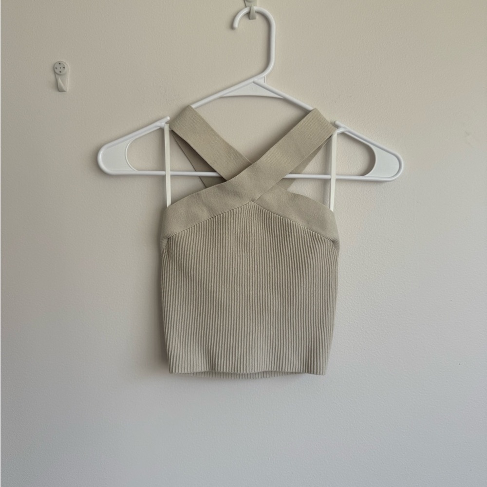 Tan Sculpt Knit Aritzia Cross Halter Top